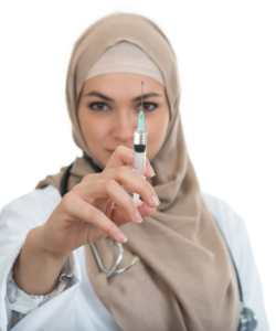 Woman with headscarf holding a syringe
