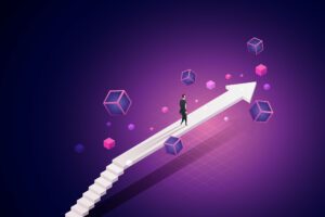 Businessman steps on the arrow bridge that goes forward on the path of Blockchain technology to future. Business Growth, Stocks, Currency and Investments. isometric vector illustration.