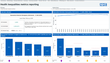 Screenshot of the NHS Health Inequalities reporting tool dashboard showing ICB-level data, trends and metrics with visual charts and filters.