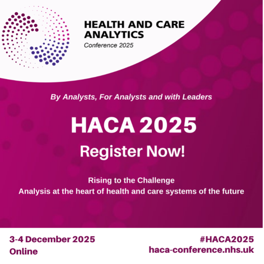 Promotional graphic for the Health and Care Analytics Conference 2025. The background is a gradient of pink and purple with circular patterns. The top left shows the conference logo. Main text in the centre reads: “By Analysts, For Analysts and with Leaders,” followed by “HACA 2025 Register Now!” and “Rising to the Challenge – Analysis at the heart of health and care systems of the future.” At the bottom, details include “3–4 December 2025 Online,” “#HACA2025,” and “haca-conference.nhs.uk.”